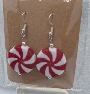 Red & White Peppermint Swirl Drop Earrings - Women Jewelry